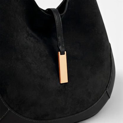 Contrast Trim Suede Curved Hobo Shoulder Bag