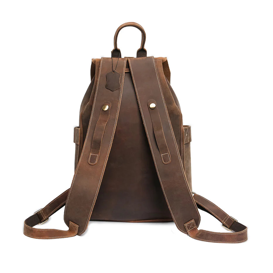 Vintage Drawstring Flap Full Grain Leather Backpack