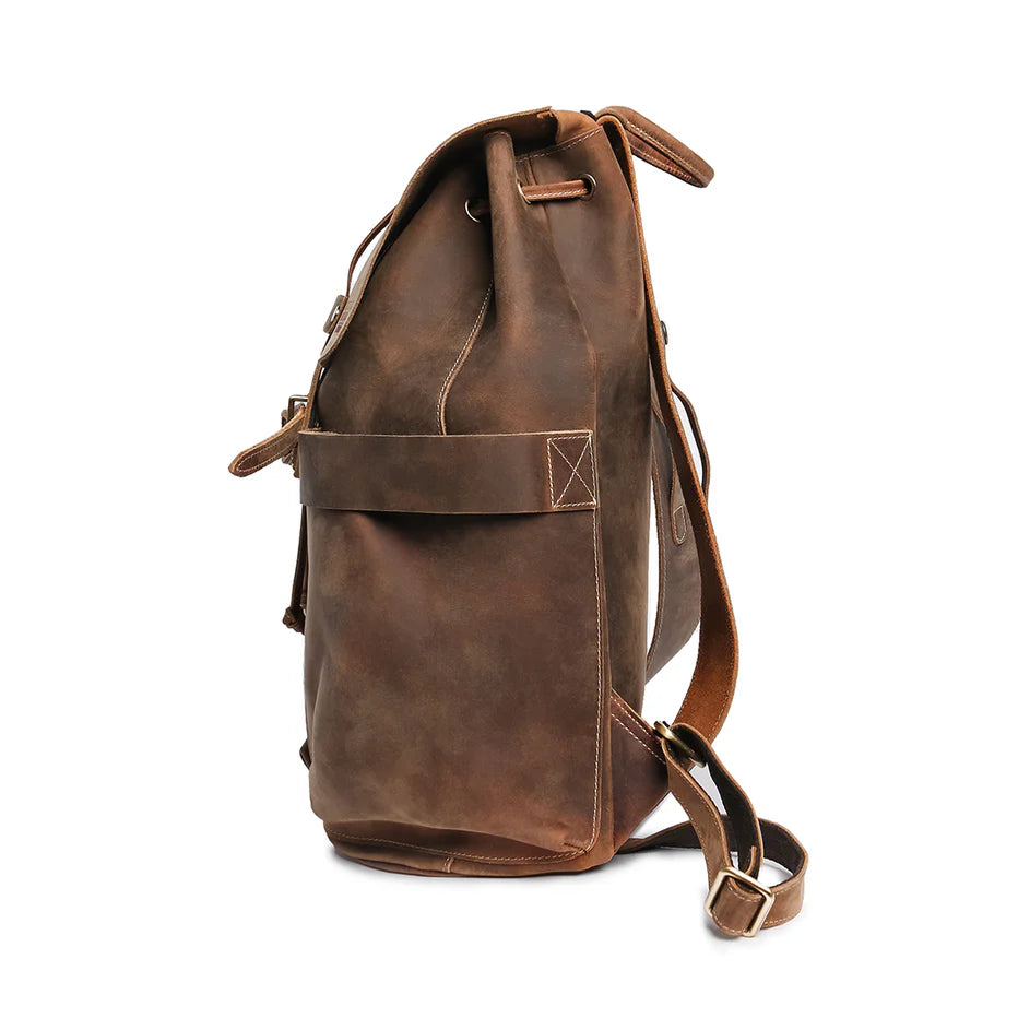 Vintage Drawstring Flap Full Grain Leather Backpack