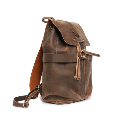 Vintage Drawstring Flap Full Grain Leather Backpack