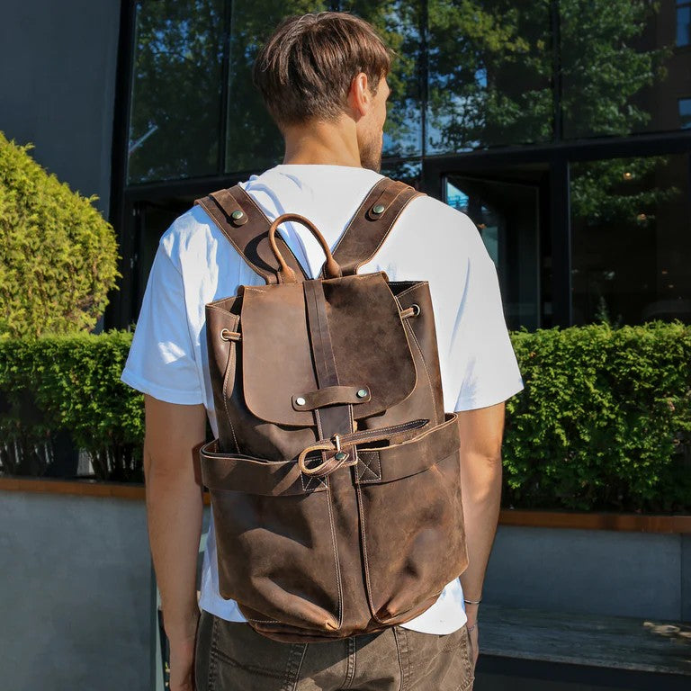 Vintage Drawstring Flap Full Grain Leather Backpack